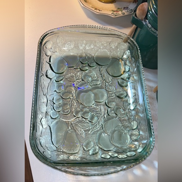 90s Libbey “Orchard Fruit” Green Glass Cake Pan Vintage Baking Dish Retro 9x13 - Picture 3 of 5